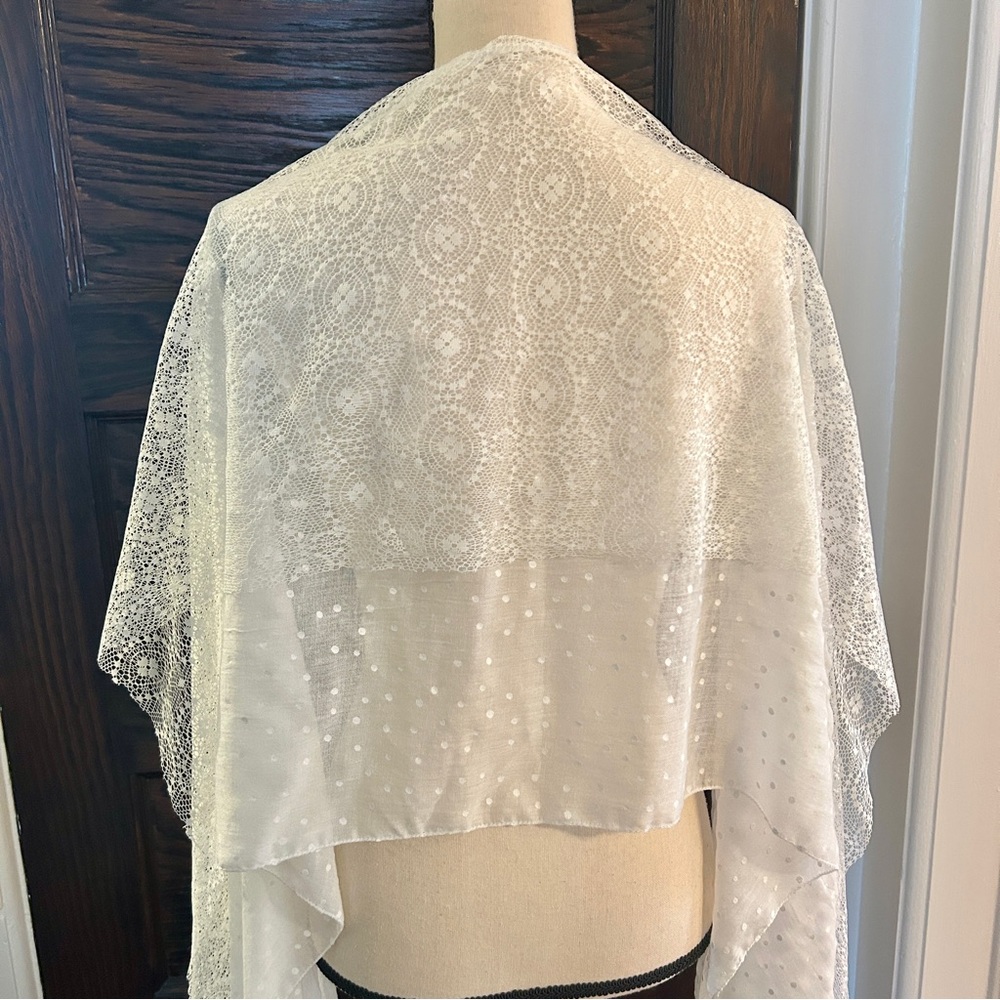 Vintage Lace & Swiss Dot Layered Scarf Shawl – Romantic Lace Wrap – 76” - Picture 6 of 16